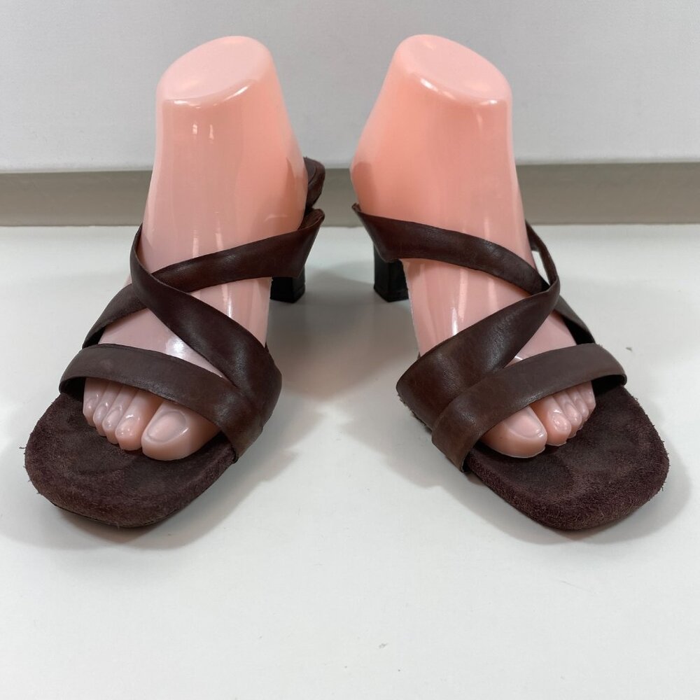 Vintage Womens Aerosoles Leather Brown Strappy Heeled Sandals 3" Heel Size 10
